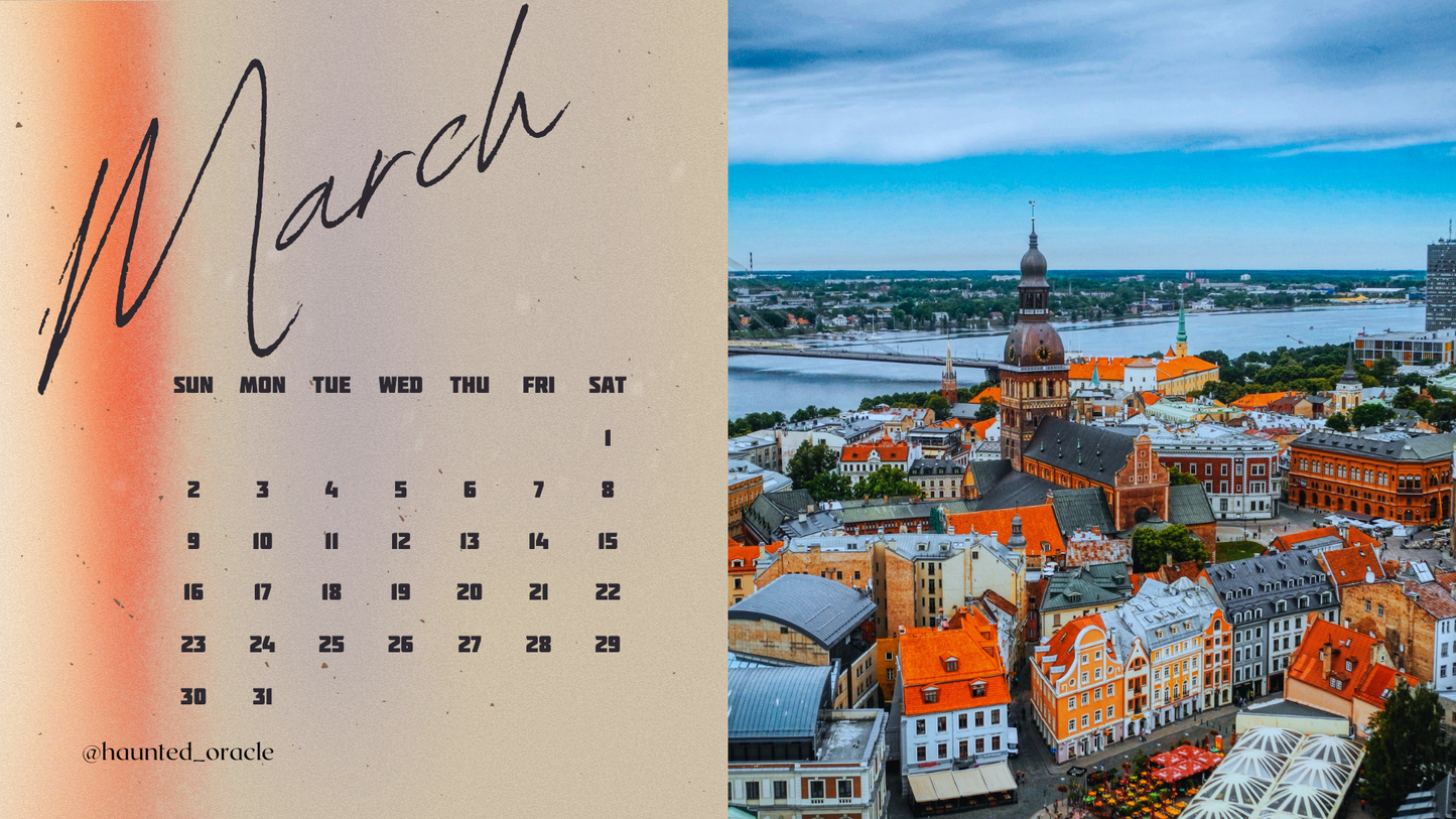 2025 Calendar Desktop Wallpaper Eastern Europe Theme by Haunted Oracle PDF Downloadable